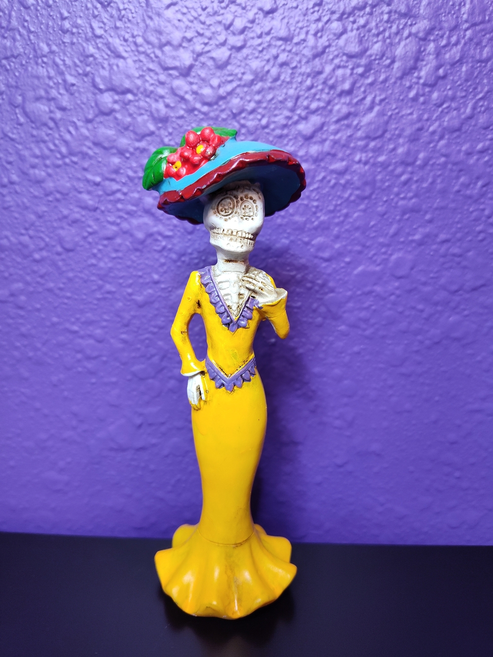 Day of the Dead Lady Figurine in Yellow Dress with Floral Hat